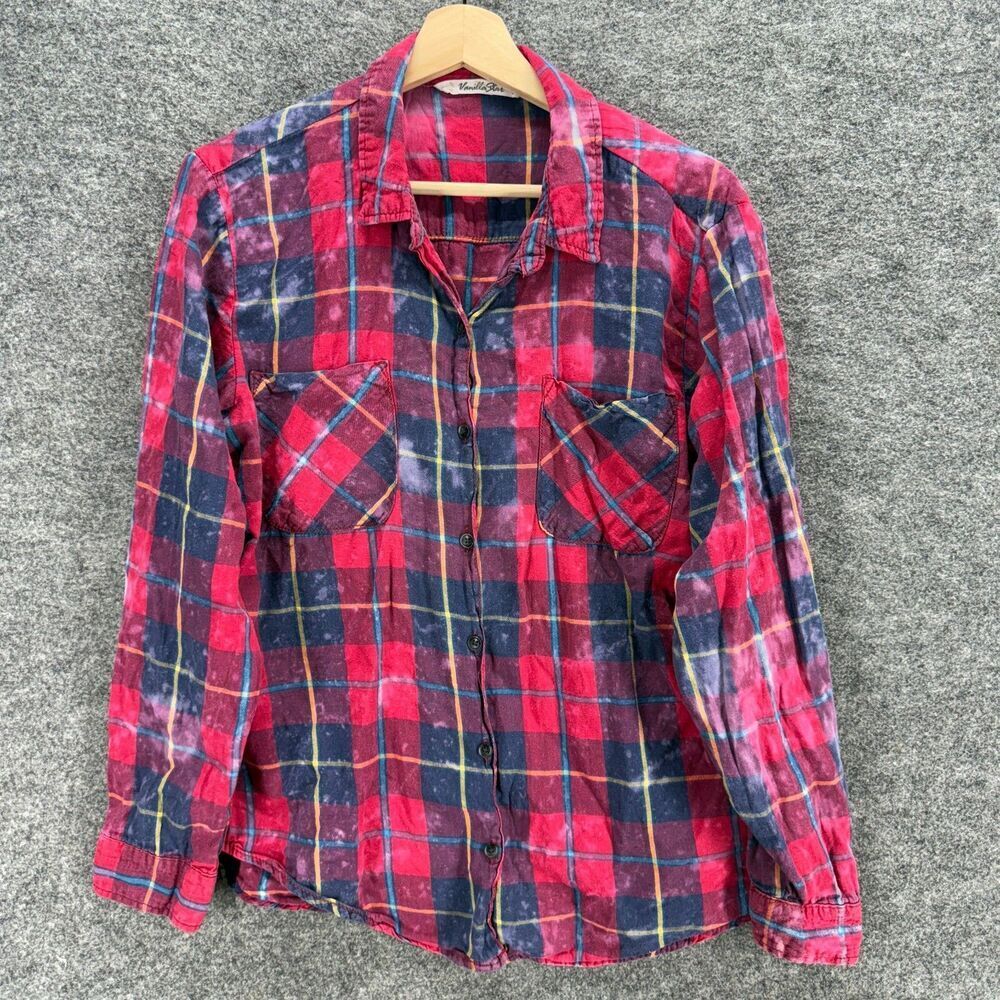 Vanilla Star Shirt Women L Large Pink Plaid Button Up Collared Long Sleeve